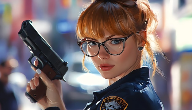 Photo a female police officer with glasses and a gun in her hand