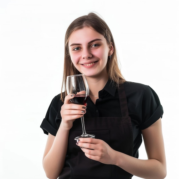 female portrait Bartender holding vine in black color suit isolated on a white background