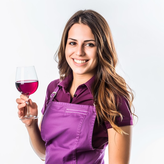 female portrait Bartender holding vine glass in purple color suit