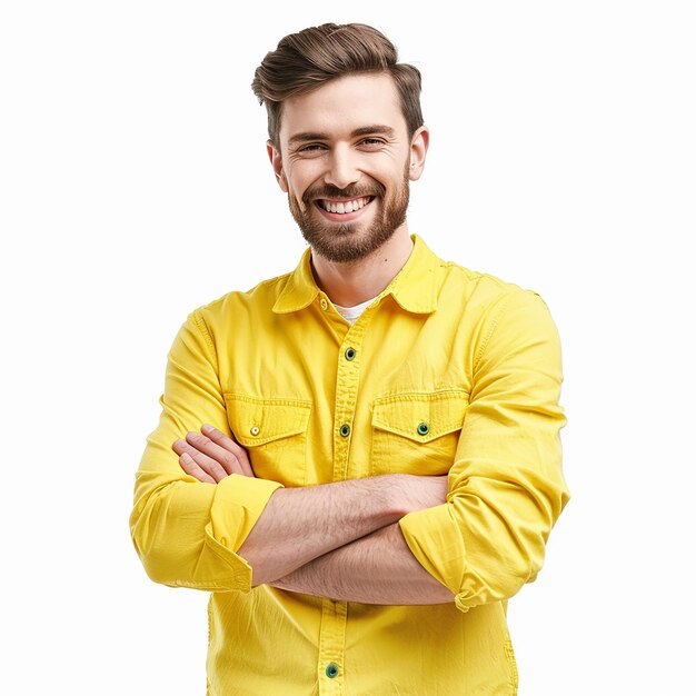 female portrait studio shot wearing yellow color suit isolated on a white background