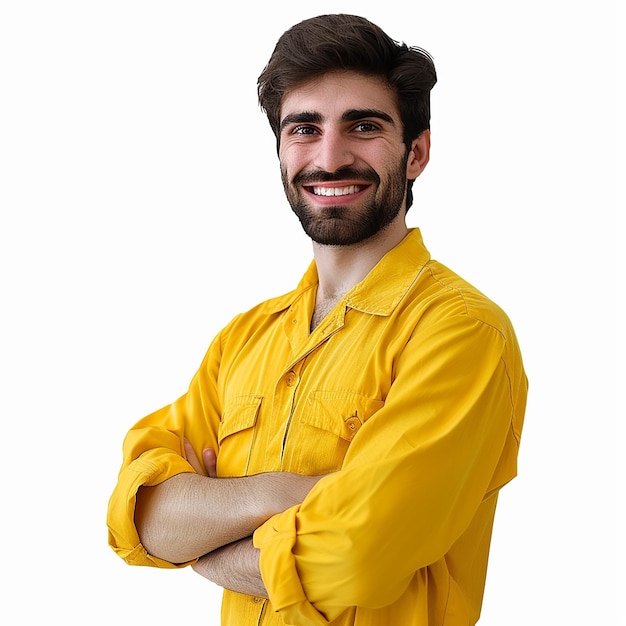 female portrait studio shot wearing yellow color suit isolated on a white background