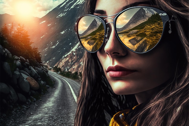 Female portrait wearing sunglasses with wondrous reflection of sky and mountain