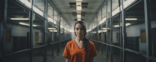 Female Prison Guard Standing Watch Over The Cell Block Authenticity