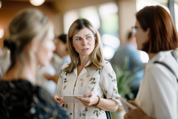 Female professional discussing with coworkers in meeting at conference event