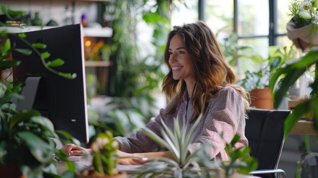 Female professional sitting at desk having video conference on computer smiling naturalist modern mu