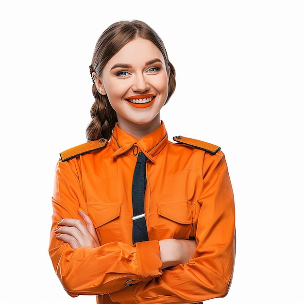 female professional wearing light orange color kit isolated on a white background