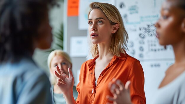 Photo female professionals are engaged in a discussion with one of them gesturing expressively likely explaining or presenting a concept with a whiteboard full of graphs and data in the background