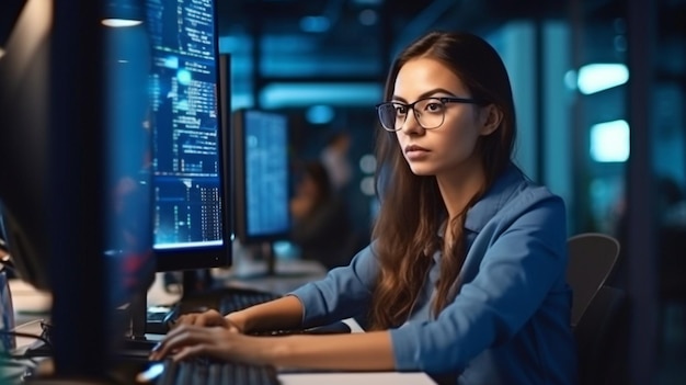 A female programmer is writing an IT idea called Generative AI in the office while seated in front of a computer screen