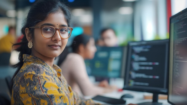 Female programmer at work in collaborative office