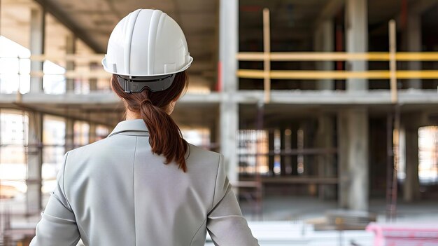 Female project manager overseeing construction site with blurred background copy space