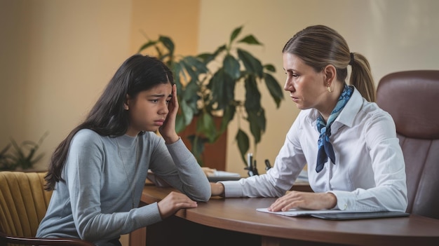 Female psychologist working with sad upset teenage girl session in office