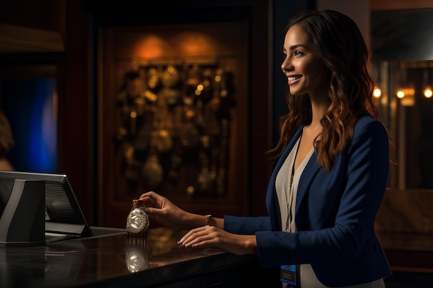 A Female Receptionist Gives Keys