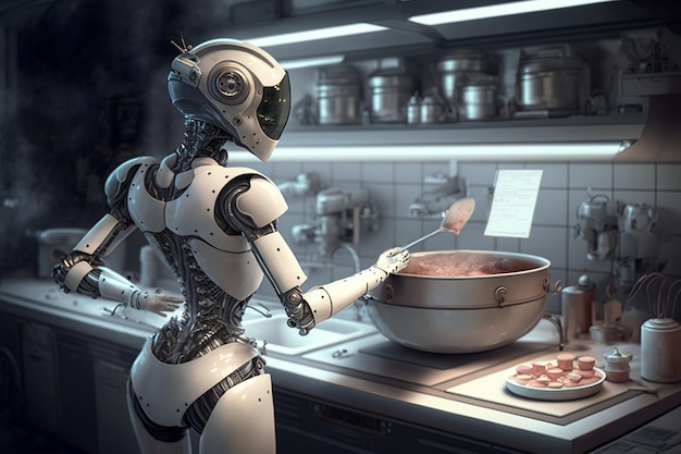 Female robot cooks in kitchen humanoid AI android stands at stove generative AI