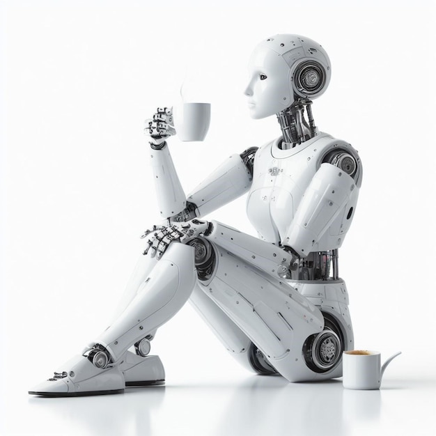 Female robot drinking coffee