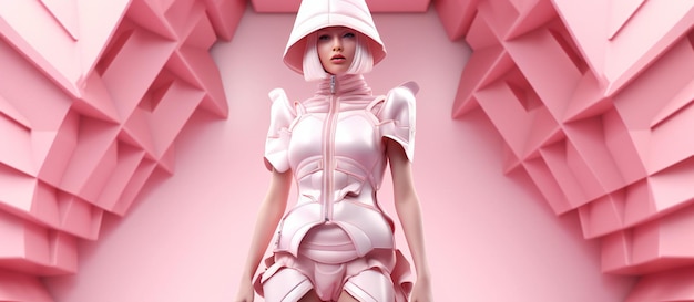 A female robot in front of a pink background