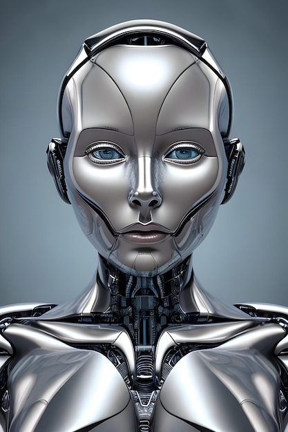 A female robot with blue eyes and a blue eyes.