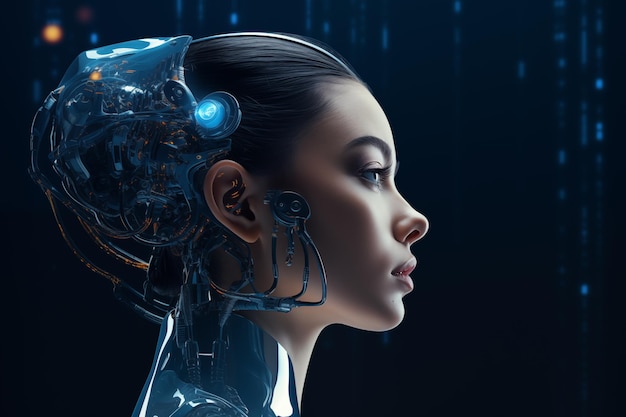 Female robot with cybernetic head on a dark background side view