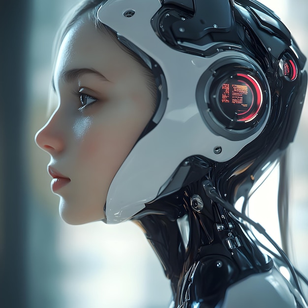 a female robot with a red eye and a black and white headband