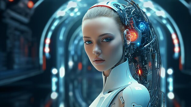 a female robot with a red headband and a blue eye