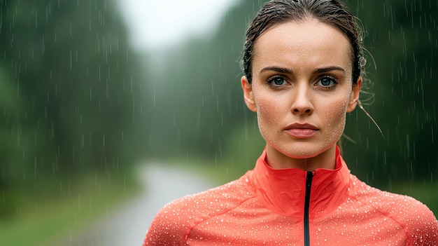 Female runner training in the rain outdoor grit determined expression fitness goals