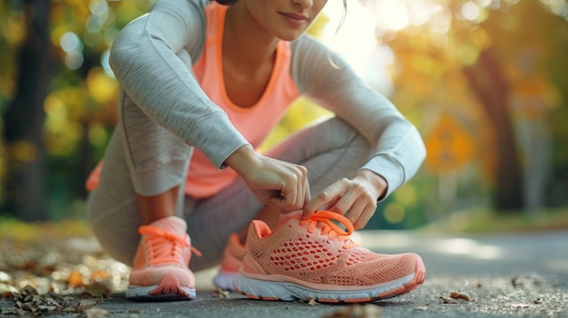 Female runner tying her shoes preparing for a run a jog outside