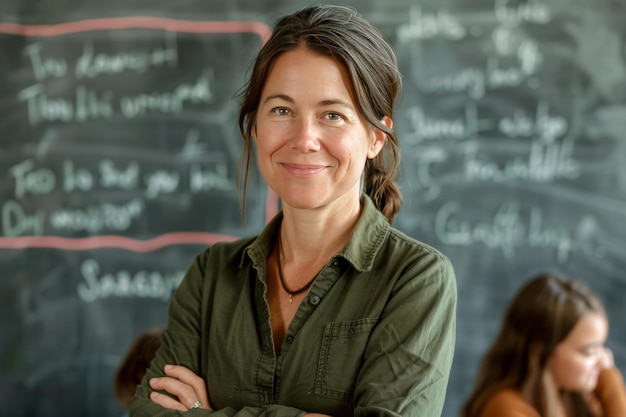 Photo female science professor confidently standing in front of a chalkboard demonstrating complex theories symbolizing strength intelligence and the impact of women in academic leadership