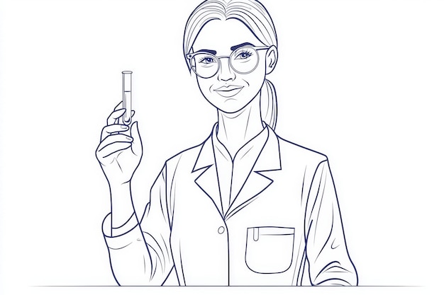 Photo a female scientist analyzes a formula on a laboratory tube in a continuous line an illustration depicting modern medical science