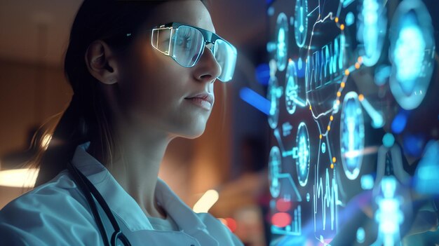 Female Scientist Analyzing Holographic Data Projections A focused female scientist studies futuristic holographic data projections analyzing complex information