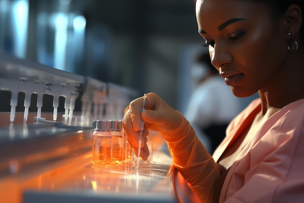 Female scientist conducting experiments in a modern laboratory with advanced equipment