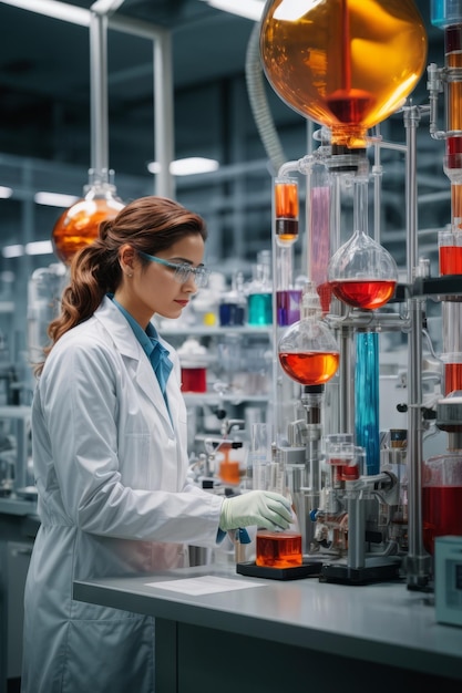 A female scientist conducts research with various multicolored liquid chemicals in flasks in a modern hightech research laboratory Microbiology biotechnology biochemistry concepts