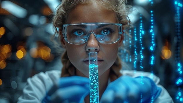 Photo female scientist examining blue liquid in test tube in laboratory