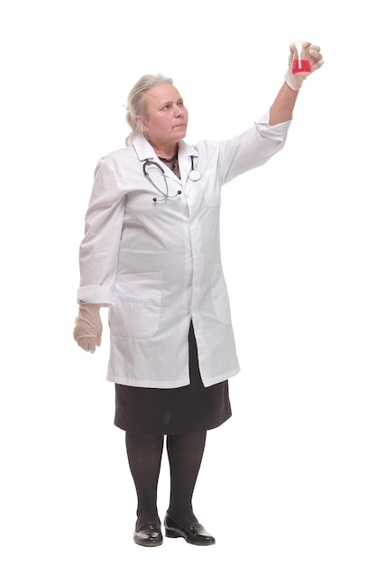 Female scientist holding test tube with blood sample making research in clinical laboratory