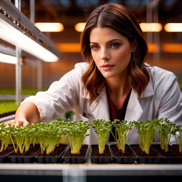 Female scientist in laboratory greenhouse crossbreeding experiment in food science agriculture indu