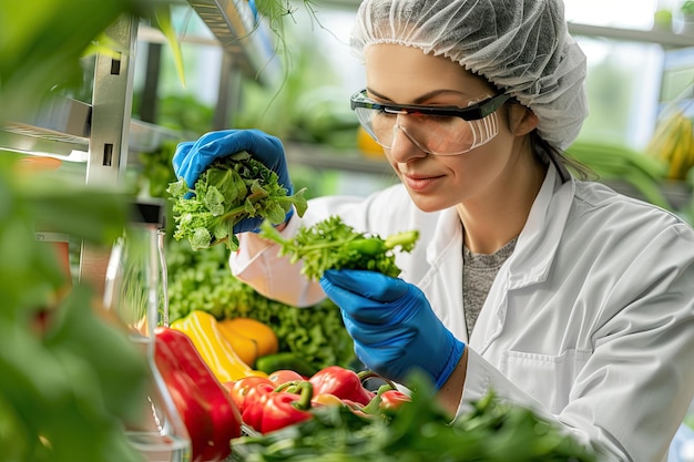 A female scientist in a laboratory inspects fresh organic vegetables analyzing their quality and health