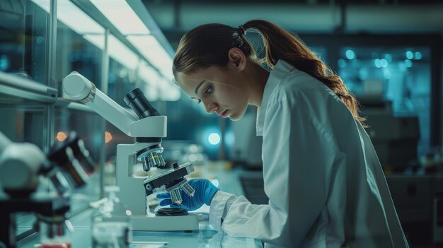 a female scientist looking through a microscope with a lab in the background