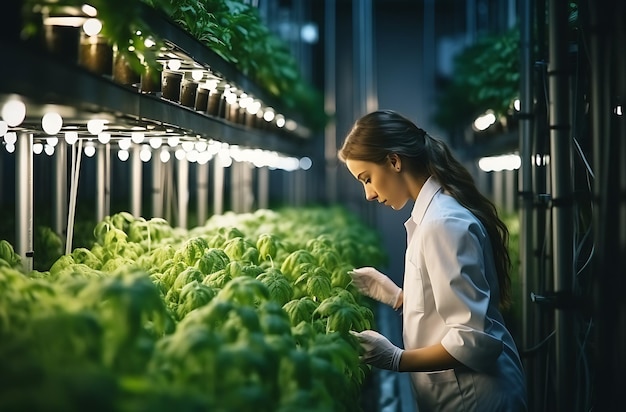 A female scientist in a white coat and gloves checks plant seedlings in a vertical farm