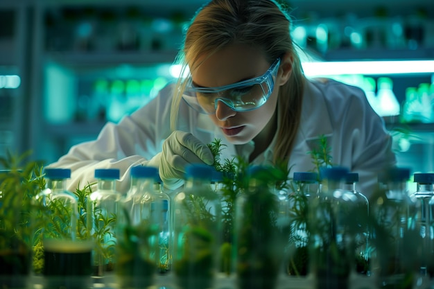 Female scientist working in laboratory with plant samples and test tubes