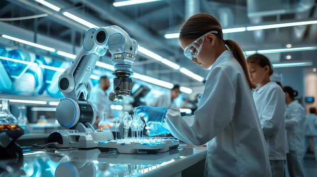 a female scientist works in a lab with a microscope