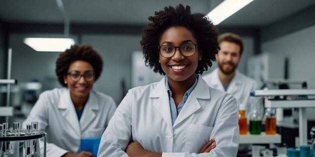 Female scientists in lab coats with arms crossed in front of them with other people in the backgroun