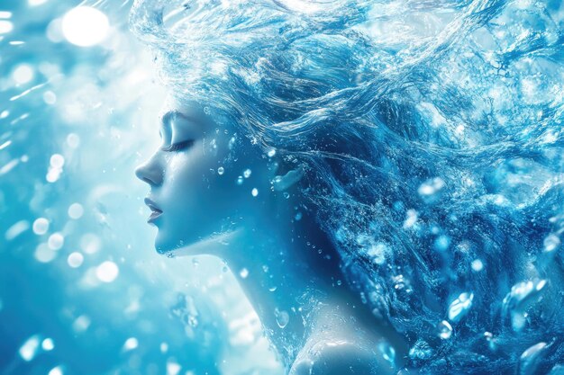 Photo a female sea fairy with a body and hair made entirely of water