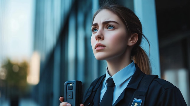 Photo female security guard with portable transmitter at work