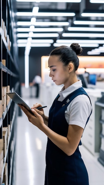 Female seller checking the liquid stock at the shelf using the digital tablet