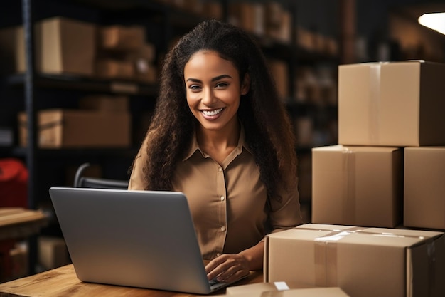 Female Seller Packing Orders with Smiles Generative AI