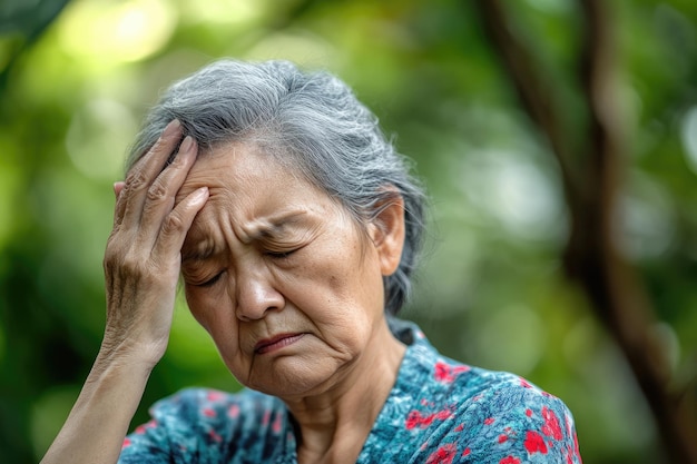 Photo female senior holding head asian grandmother feeling faint outdoor at park health issues