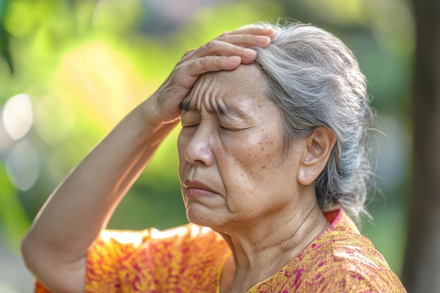 Photo female senior holding head elderly woman feeling faint with health issues outdoors