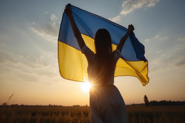 female silhouette holds a Ukrainian flag fluttering in the wind beautifully illuminated by the sun