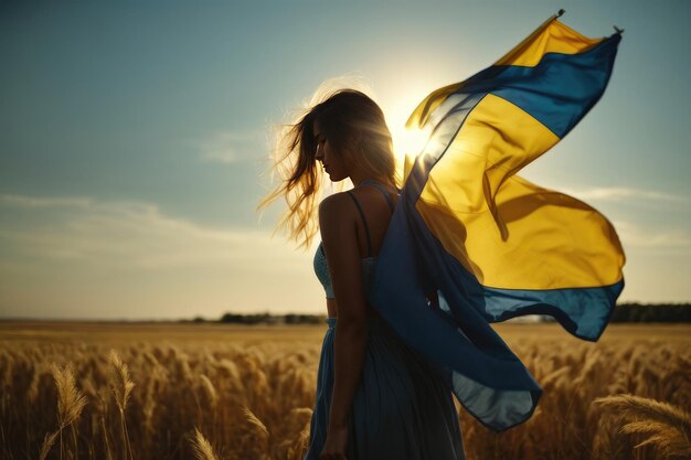 female silhouette holds a Ukrainian flag fluttering in the wind beautifully illuminated by the sun