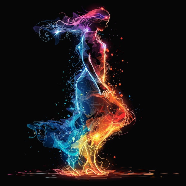 Photo female silhouette illustration with vibrant lights on a black background