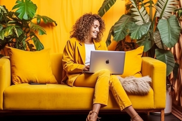 Female sitting on a yellow couch using laptop and internet connection and smile Happy woman