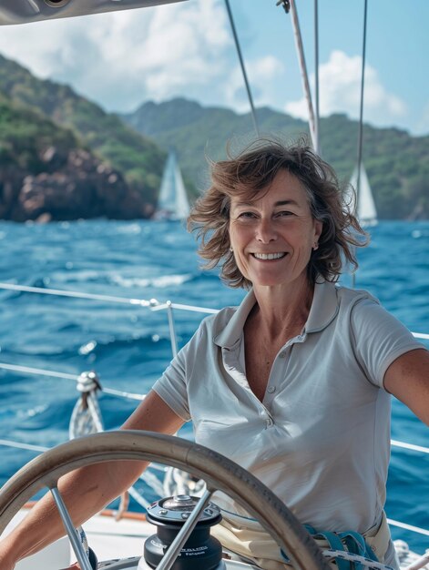 Photo female skipper navigating a sailboat